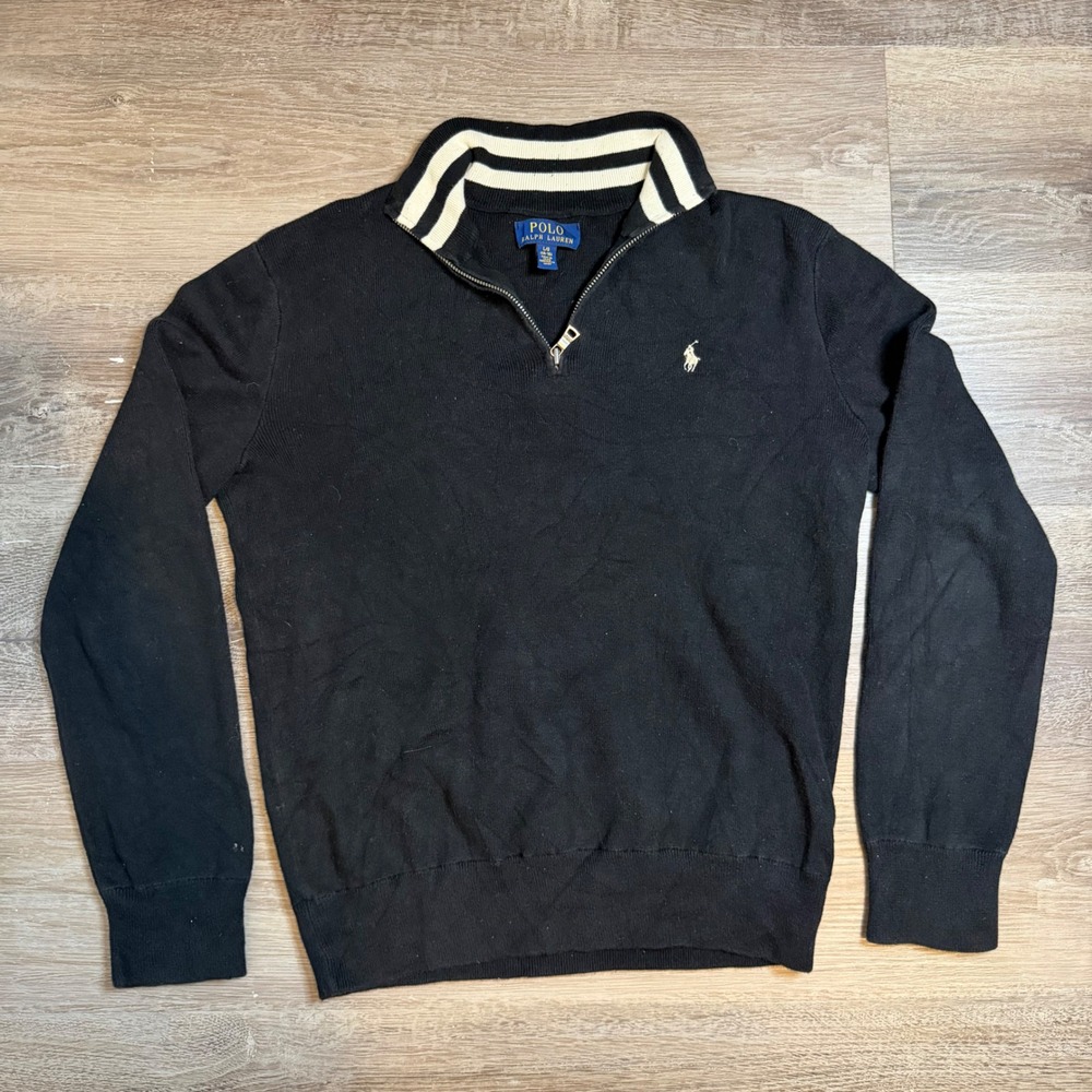 Polo Ralph Lauren Boys Large 14-16 Black Quarter Zip Cotton Sweater Striped Trim